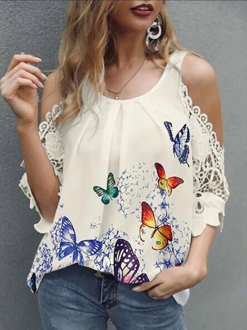 Butterfly Hollow Sleeve Casual Blouses - MsDressly