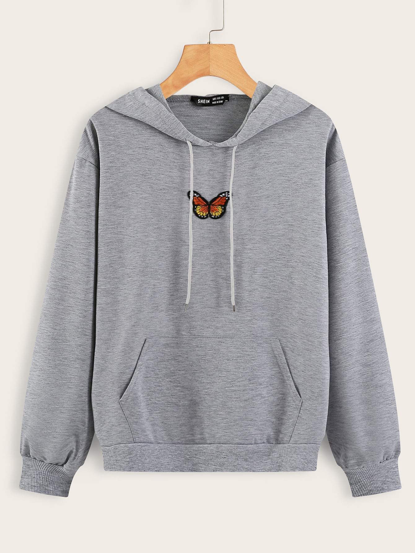 Butterfly Patched Kangaroo Pocket Drawstring Hoodie - INS | Online Fashion Free Shipping Clothing, Dresses, Tops, Shoes