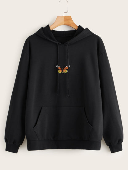 Butterfly Patched Kangaroo Pocket Drawstring Hoodie - INS | Online Fashion Free Shipping Clothing, Dresses, Tops, Shoes