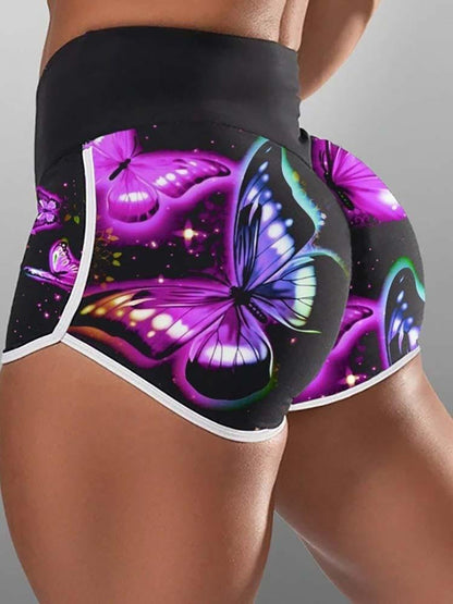 Butterfly Print High Waist Active Shorts - Yoga Shorts - INS | Online Fashion Free Shipping Clothing, Dresses, Tops, Shoes - 30/04/2021 - Color_Black - Pants Length_Short