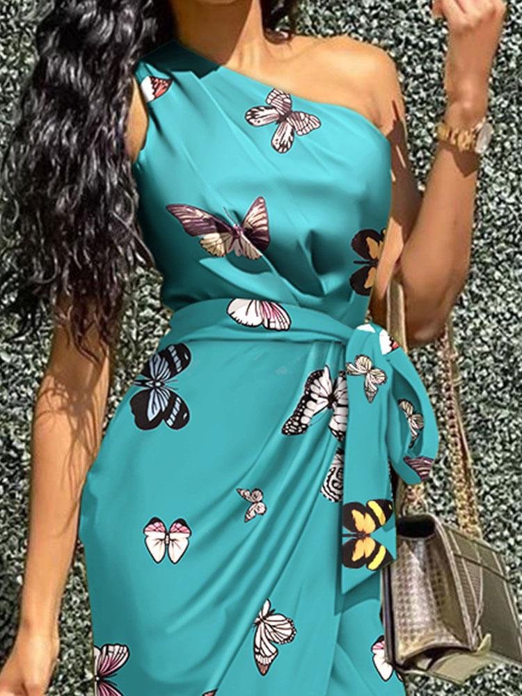 Butterfly Print Oblique Shoulder Irregular Dress - Midi Dresses - INS | Online Fashion Free Shipping Clothing, Dresses, Tops, Shoes - 23/07/2021 - 30-40 - color-green