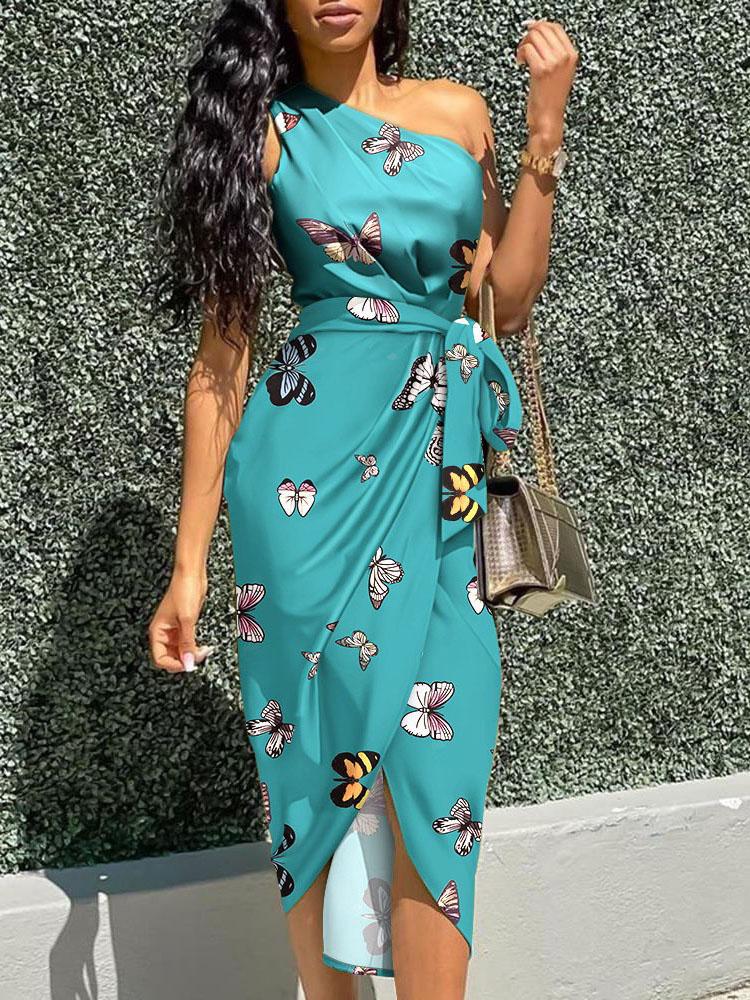 Butterfly Print Oblique Shoulder Irregular Dress - Midi Dresses - INS | Online Fashion Free Shipping Clothing, Dresses, Tops, Shoes - 23/07/2021 - 30-40 - color-green