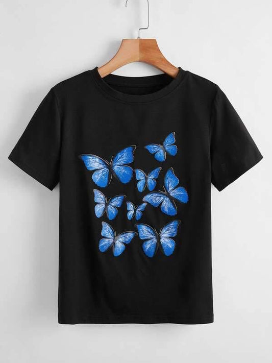 Butterfly Print Round Neck Tee - INS | Online Fashion Free Shipping Clothing, Dresses, Tops, Shoes