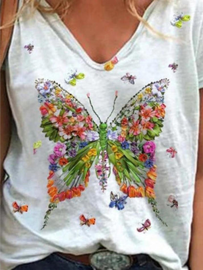 Butterfly Print Short-sleeved V-neck Casual T-shirt - T-shirts - INS | Online Fashion Free Shipping Clothing, Dresses, Tops, Shoes - 10-20 - 22/06/2021 - color-blue