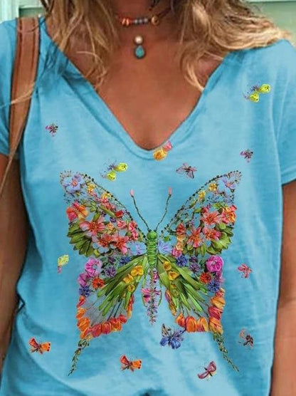 Butterfly Print Short-sleeved V-neck Casual T-shirt - T-shirts - INS | Online Fashion Free Shipping Clothing, Dresses, Tops, Shoes - 10-20 - 22/06/2021 - color-blue