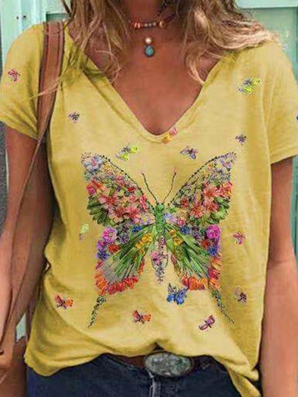 Butterfly Print Short-sleeved V-neck Casual T-shirt - T-shirts - INS | Online Fashion Free Shipping Clothing, Dresses, Tops, Shoes - 10-20 -