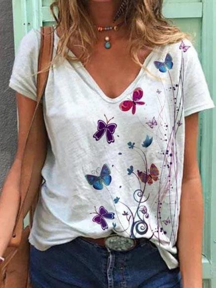 Butterfly Print Short-sleeved V-neck T-shirt - T-shirts - INS | Online Fashion Free Shipping Clothing, Dresses, Tops, Shoes - 10-20 - 22/06/2021 - color-blue