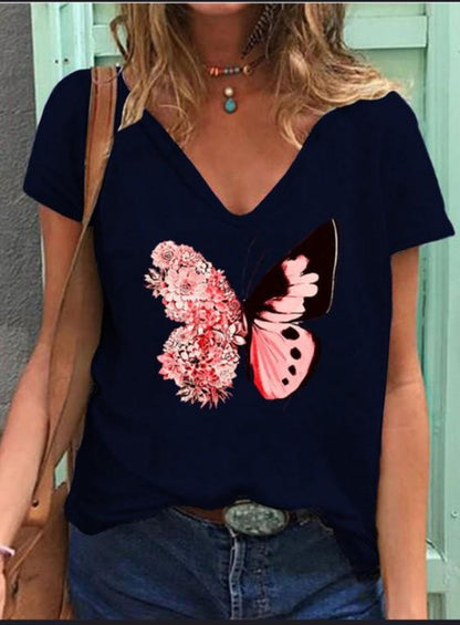 Butterfly Print V-neck Short-sleeved T-shirt - T-Shirts - INS | Online Fashion Free Shipping Clothing, Dresses, Tops, Shoes - 05/18/2021 - Category_T-Shirts - Color_Black