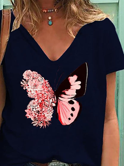 Butterfly Print V-neck Short-sleeved T-shirt - T-Shirts - INS | Online Fashion Free Shipping Clothing, Dresses, Tops, Shoes - 05/18/2021 - Category_T-Shirts - Color_Black