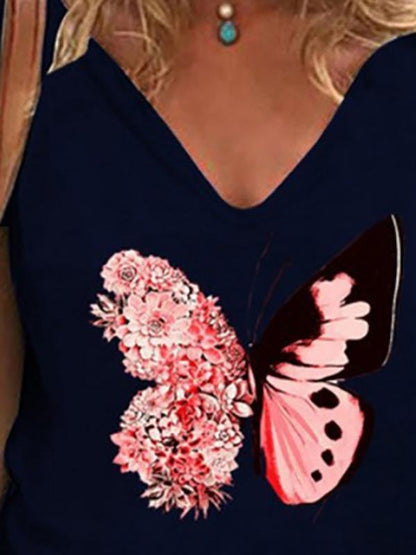 Butterfly Print V-neck Short-sleeved T-shirt - T-Shirts - INS | Online Fashion Free Shipping Clothing, Dresses, Tops, Shoes - 05/18/2021 - Category_T-Shirts - Color_Black