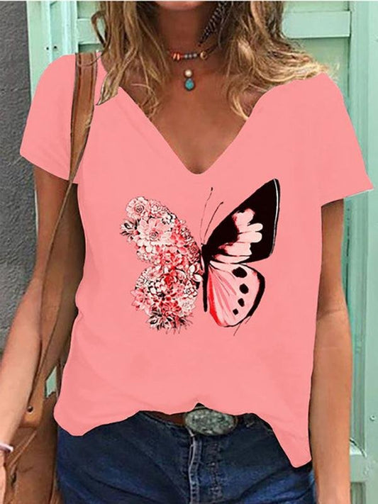 Butterfly Print V-neck Short-sleeved T-shirt - T-Shirts - INS | Online Fashion Free Shipping Clothing, Dresses, Tops, Shoes - 05/18/2021 - Category_T-Shirts - Color_Black