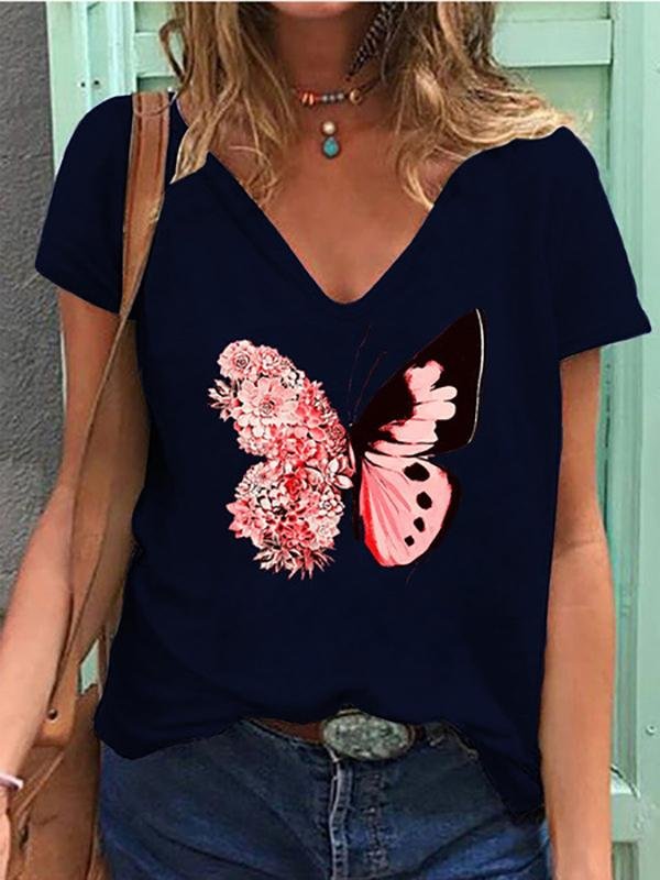 Butterfly Print V-neck Short-sleeved T-shirt - T-Shirts - INS | Online Fashion Free Shipping Clothing, Dresses, Tops, Shoes - 05/18/2021 - Category_T-Shirts - Color_Black