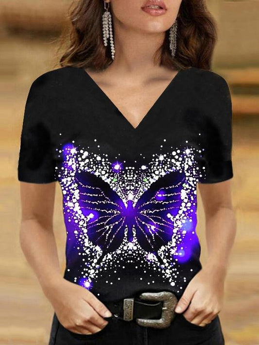 Butterfly Print V-neck T-shirt - MsDressly