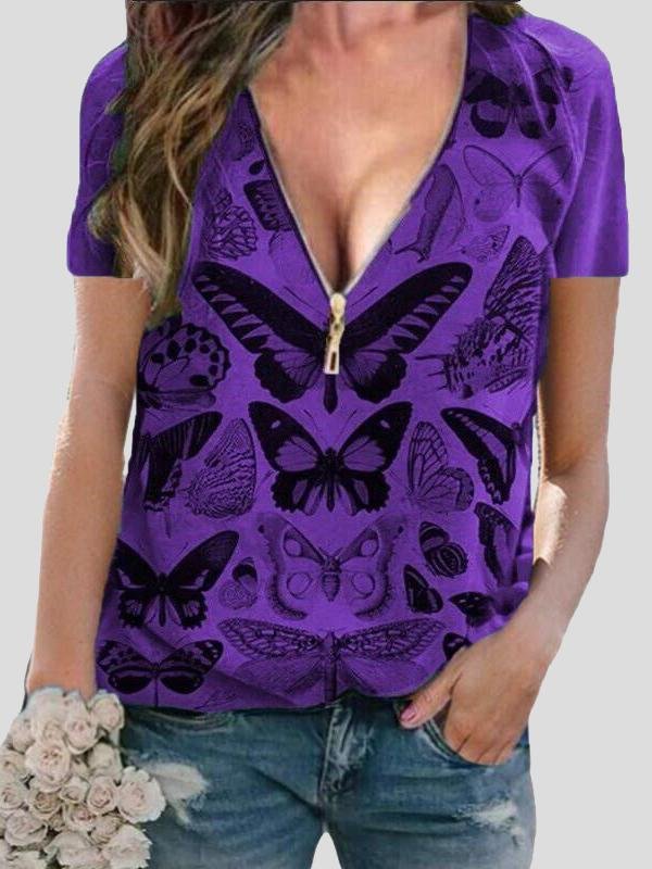 Butterfly Print Zipper V-neck Pullover Top - T-Shirts - INS | Online Fashion Free Shipping Clothing, Dresses, Tops, Shoes - 03/07/2021 - 10-20 - color-blue