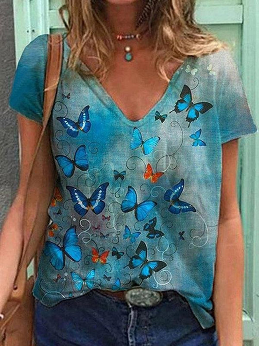 Butterfly Printed V-neck Short-sleeved T-shirt - T-shirts - INS | Online Fashion Free Shipping Clothing, Dresses, Tops, Shoes - 10-20 - color-blue - color-green