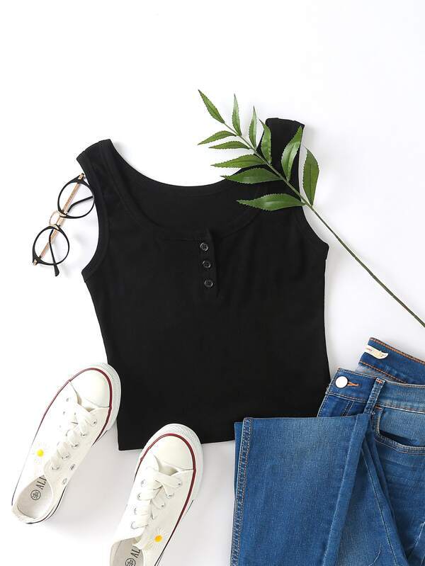 Button Detail Scoop Neck Tank Top - INS | Online Fashion Free Shipping Clothing, Dresses, Tops, Shoes