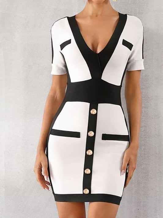 Button Detail Two Tone Bodycon Dress - Dresses - INS | Online Fashion Free Shipping Clothing, Dresses, Tops, Shoes - 02/02/2021 - Bodycon Dresses - Color_White