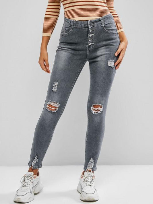 Button Fly Ripped High Waisted Skinny Jeans - INS | Online Fashion Free Shipping Clothing, Dresses, Tops, Shoes