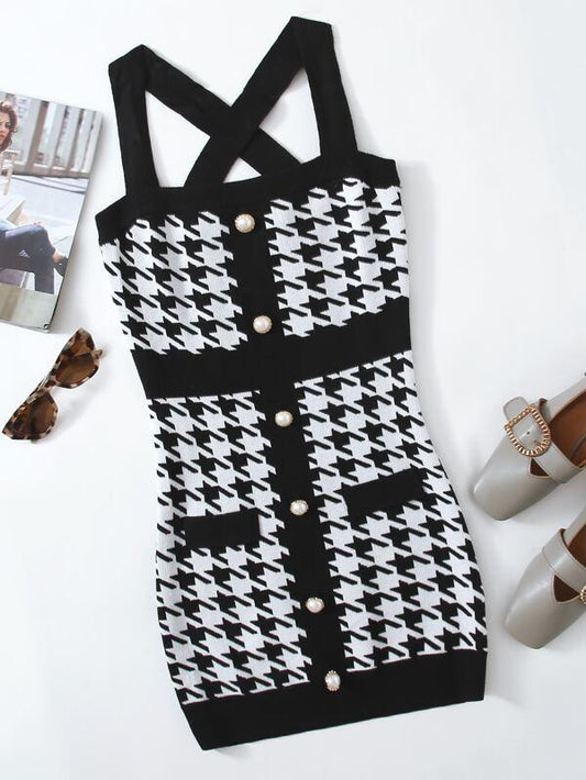 Button Front Crisscross Back Houndstooth Sweater Dress - INS | Online Fashion Free Shipping Clothing, Dresses, Tops, Shoes