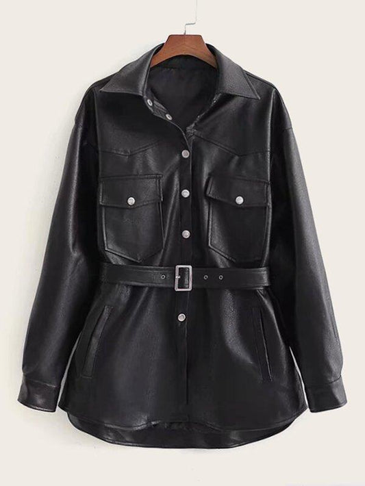 Button Front Flap Pocket Belted PU Coat - INS | Online Fashion Free Shipping Clothing, Dresses, Tops, Shoes