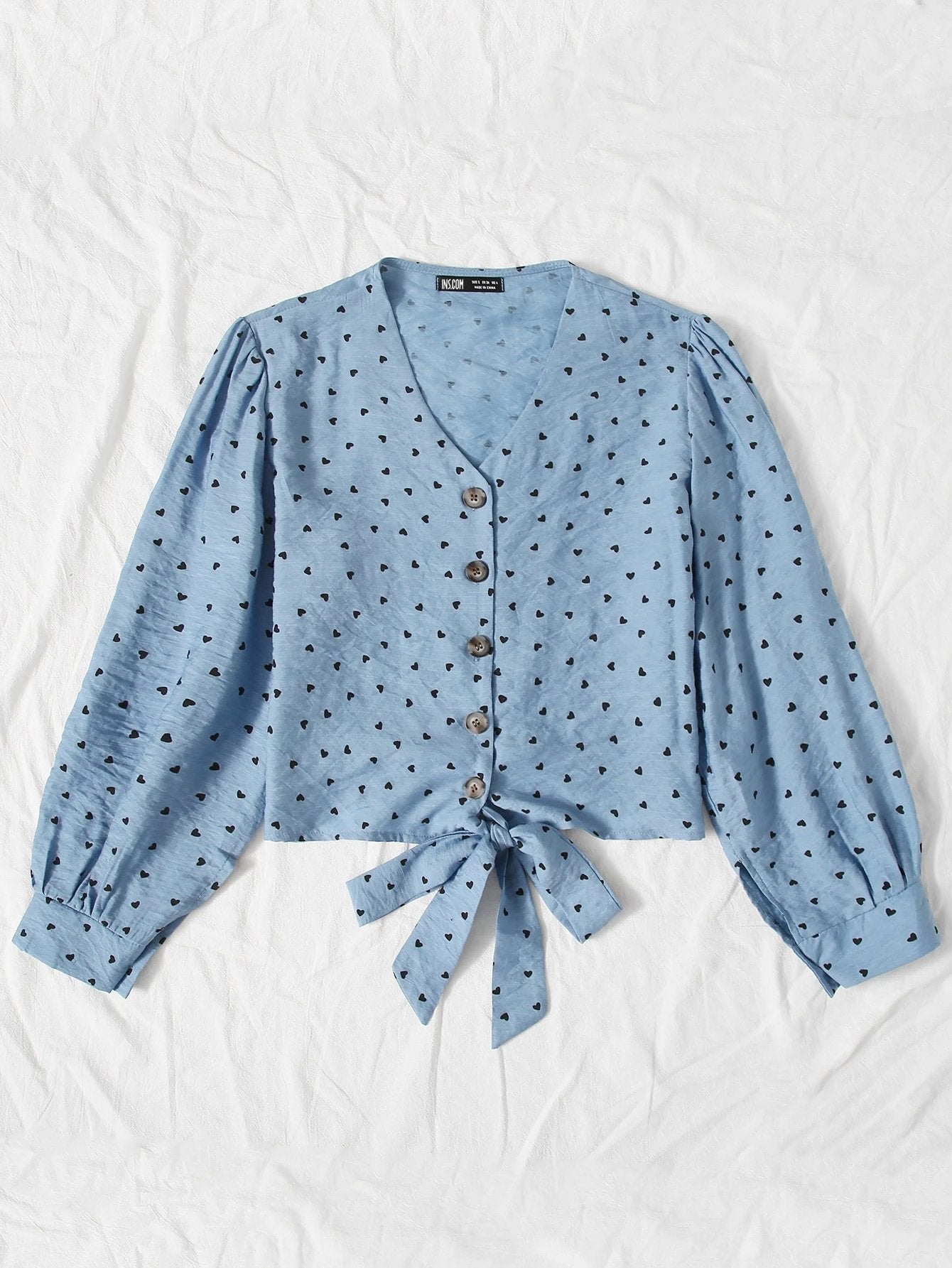 Button Front Knotted Hem Heart Print Blouse - INS | Online Fashion Free Shipping Clothing, Dresses, Tops, Shoes