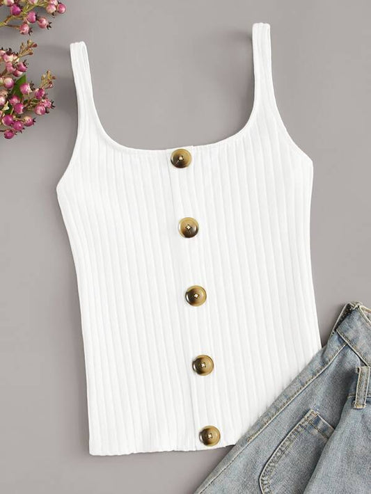 Button Front Rib-Knit Cami Top - INS | Online Fashion Free Shipping Clothing, Dresses, Tops, Shoes