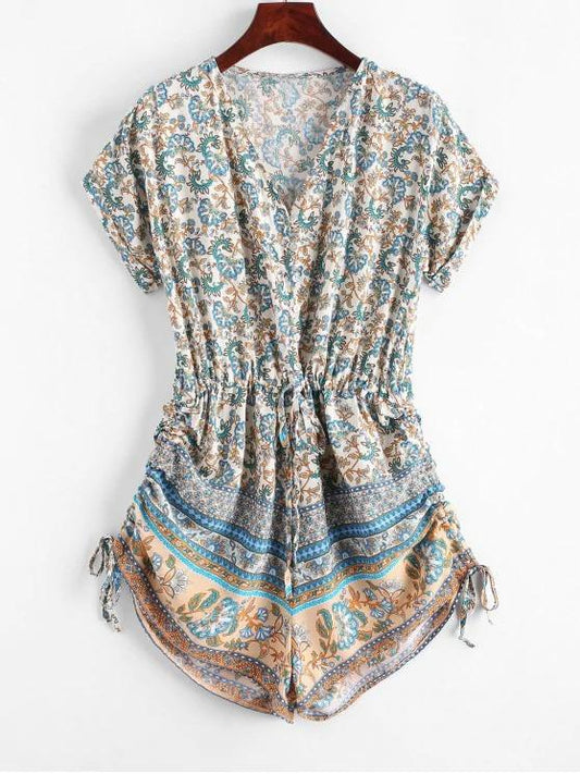 Button Loop Cinched Bohemian Printed Romper - INS | Online Fashion Free Shipping Clothing, Dresses, Tops, Shoes