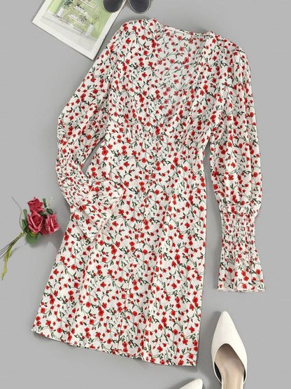 Button Loop Tiny Floral Smock Sleeve Mini Dress - INS | Online Fashion Free Shipping Clothing, Dresses, Tops, Shoes