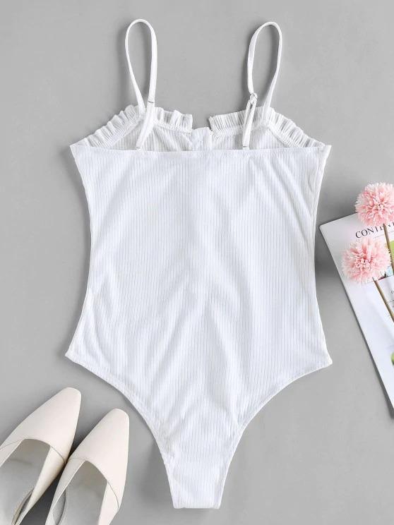 Button Placket Frilled Ribbed Bodysuit - INS | Online Fashion Free Shipping Clothing, Dresses, Tops, Shoes
