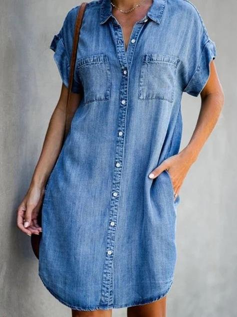 Button Short Sleeve Denim Shirt Dress - Midi Dresses - INS | Online Fashion Free Shipping Clothing, Dresses, Tops, Shoes - 07/06/2021 - Category_Midi Dresses - Color_Blue
