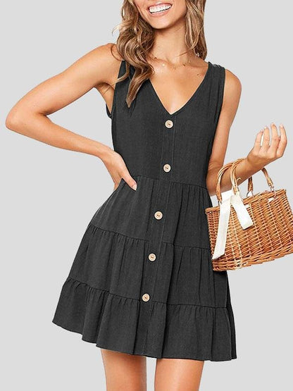 Button Sleeveless V-neck A-line Dress - Mini Dresses - INS | Online Fashion Free Shipping Clothing, Dresses, Tops, Shoes - 19/07/2021 - 20-30 - color-black