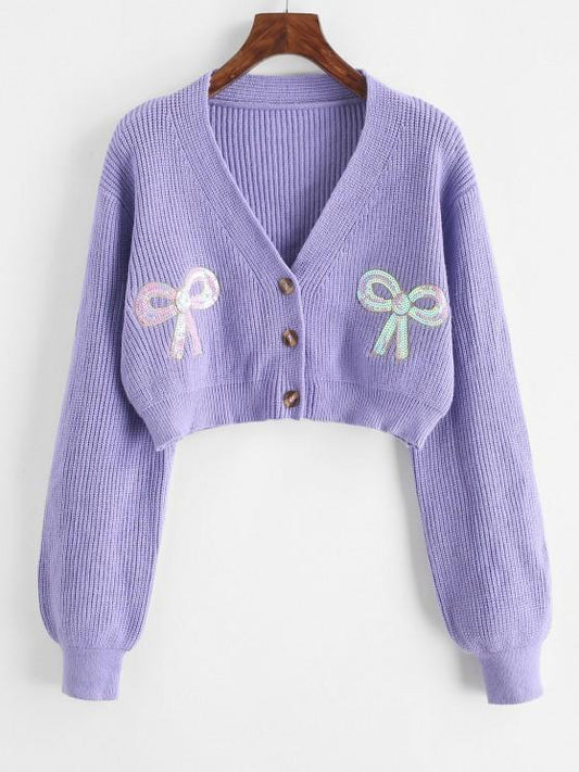 Button Up Bowknot Sequins Cropped Cardigan - INS | Online Fashion Free Shipping Clothing, Dresses, Tops, Shoes