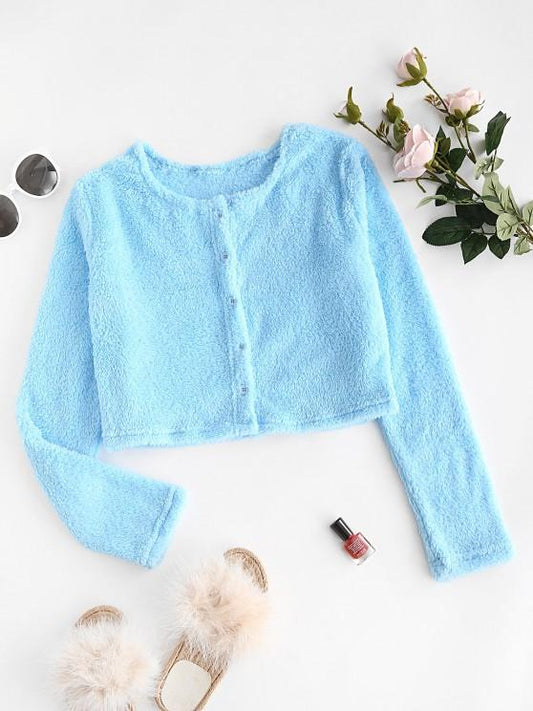 Button Up Fluffy Cropped Top - INS | Online Fashion Free Shipping Clothing, Dresses, Tops, Shoes