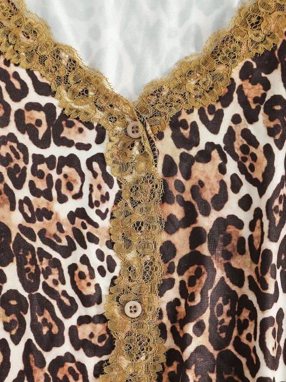 Button Up Lace Trim Leopard Tee - INS | Online Fashion Free Shipping Clothing, Dresses, Tops, Shoes