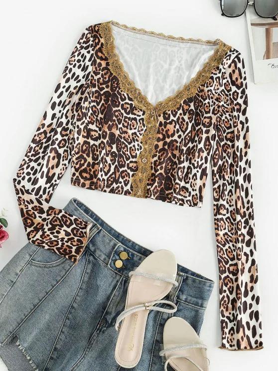 Button Up Lace Trim Leopard Tee - INS | Online Fashion Free Shipping Clothing, Dresses, Tops, Shoes