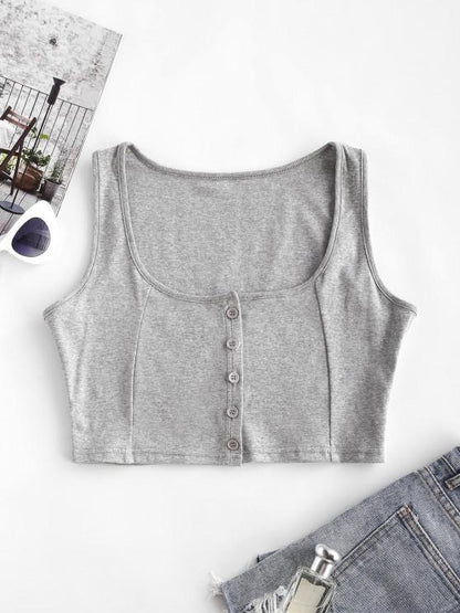 Button Up U Neck Cropped Tank Top - INS | Online Fashion Free Shipping Clothing, Dresses, Tops, Shoes