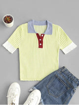 Buttoned Front Colorblock Knitted Tee - INS | Online Fashion Free Shipping Clothing, Dresses, Tops, Shoes