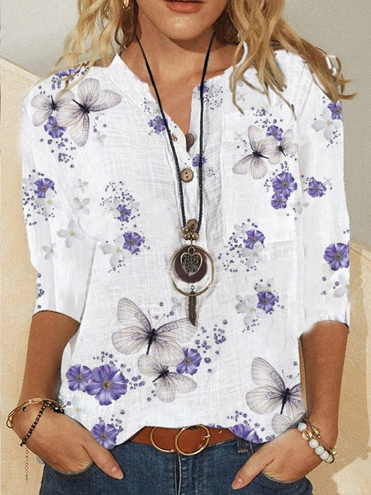 Buttoned Mid-sleeve Butterfly Print Shirt - Blouses - INS | Online Fashion Free Shipping Clothing, Dresses, Tops, Shoes - 20-30 - 23/06/2021 - BLO2106231125