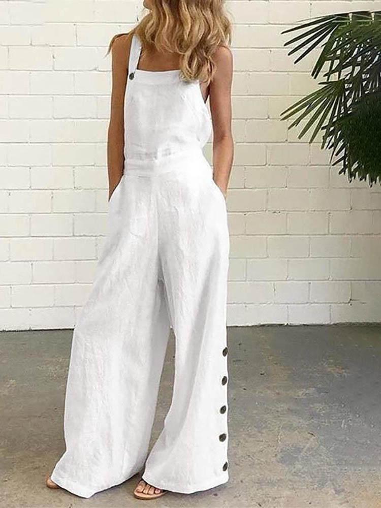 Buttoned Pocket Design Wide Leg Suspender Jumpsuit - Jumpsuits & Rompers - INS | Online Fashion Free Shipping Clothing, Dresses, Tops, Shoes - 30/04/2021 - Color_White - JUM210430059