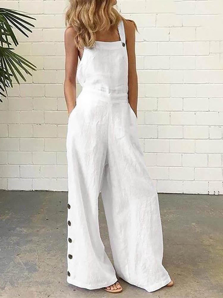 Buttoned Pocket Design Wide Leg Suspender Jumpsuit - Jumpsuits & Rompers - INS | Online Fashion Free Shipping Clothing, Dresses, Tops, Shoes - 30/04/2021 - Color_White - JUM210430059