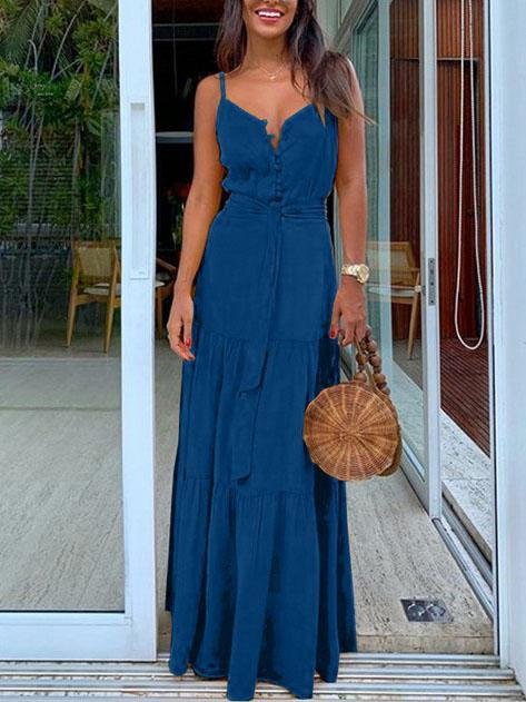 Buttoned V-neck Stitching Strap Dress - Maxi Dresses - INS | Online Fashion Free Shipping Clothing, Dresses, Tops, Shoes - 20-30 - 20/07/2021 - color-blue