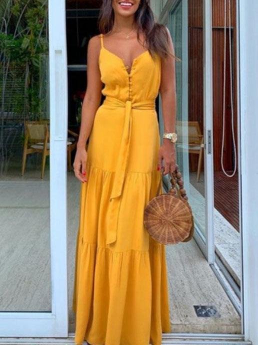 Buttoned V-neck Stitching Strap Dress - Maxi Dresses - INS | Online Fashion Free Shipping Clothing, Dresses, Tops, Shoes - 20-30 - 20/07/2021 - color-blue