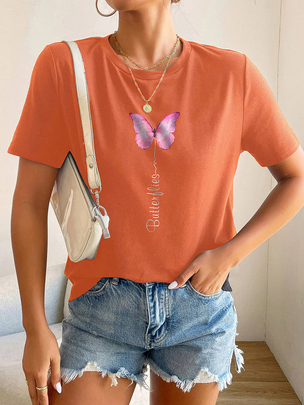 Women's T-Shirts Short Sleeve Round Neck Butterfly Print T-Shirt