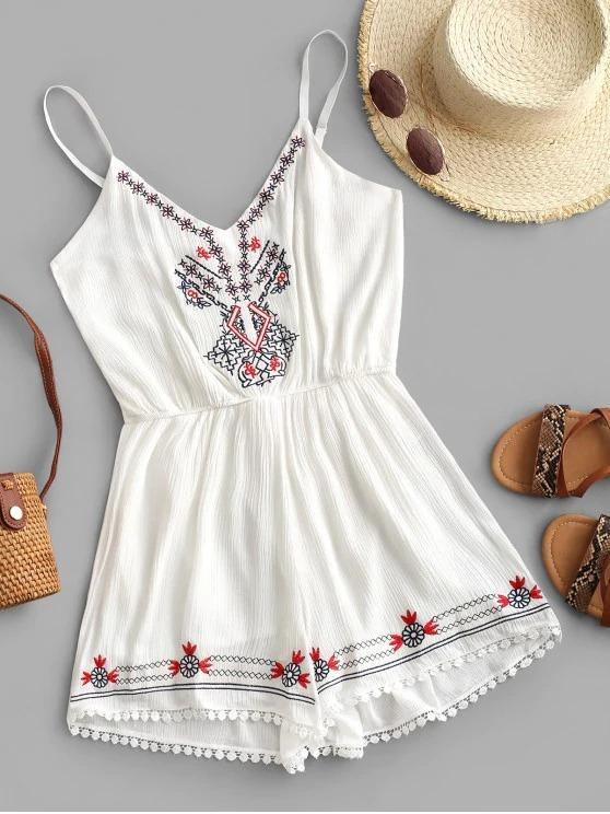 Cami Crochet Trim Embroidered Romper - INS | Online Fashion Free Shipping Clothing, Dresses, Tops, Shoes