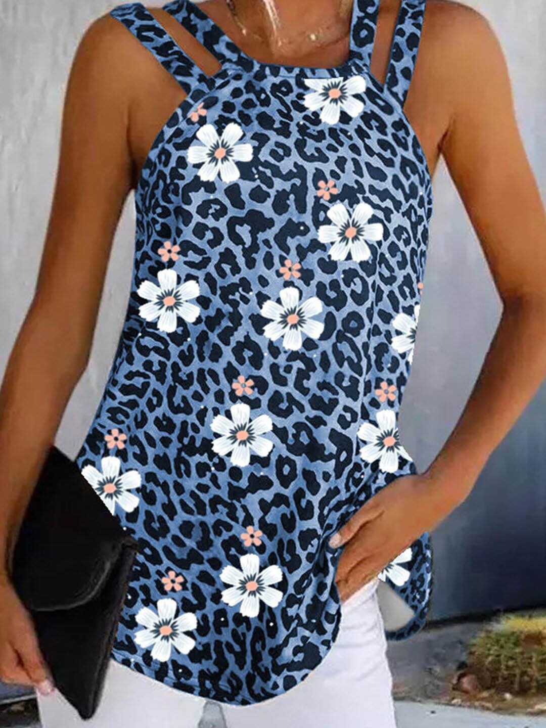 Cami Leopard Floral Print Tank Top - Tank Tops - INS | Online Fashion Free Shipping Clothing, Dresses, Tops, Shoes - 05/06/2021 - Color_Blue - LXQ