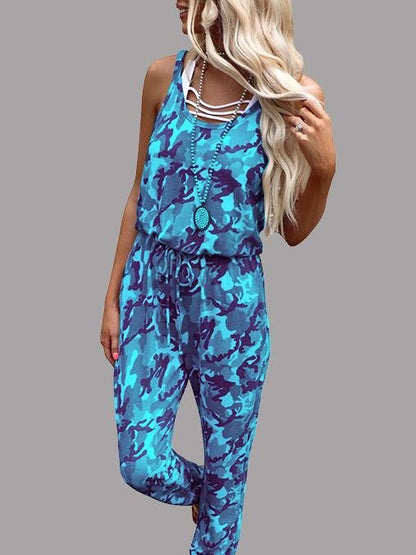 Camouflage Print Round Neck Sleeveless Jumpsuit - Jumpsuits - INS | Online Fashion Free Shipping Clothing, Dresses, Tops, Shoes - 10/06/2021 - Bottoms - Color_Blue