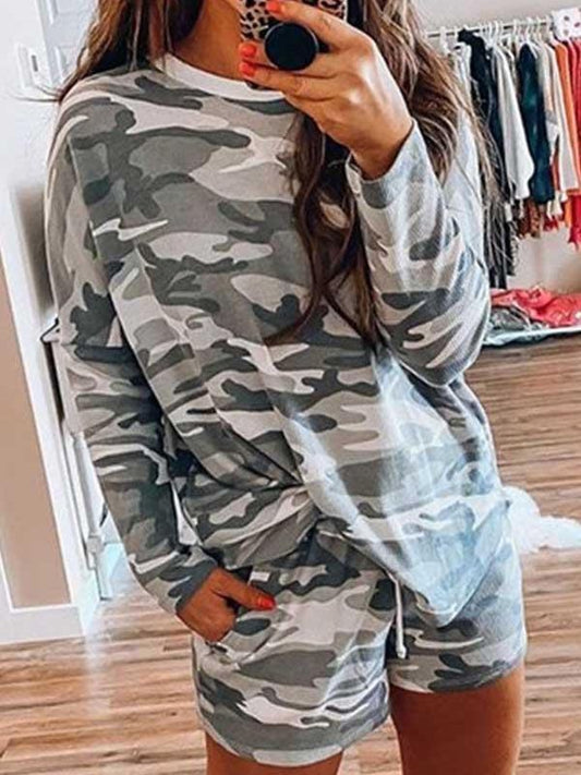 Camouflage Round Neck Casual Wear Short Set - INS | Online Fashion Free Shipping Clothing, Dresses, Tops, Shoes