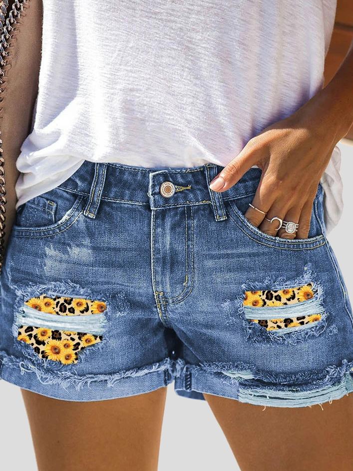 Camouflage Sunflower Ripped Patch Jeans Shorts - Denim Shorts - INS | Online Fashion Free Shipping Clothing, Dresses, Tops, Shoes - 20-30 - 29/06/2021 - Bottom