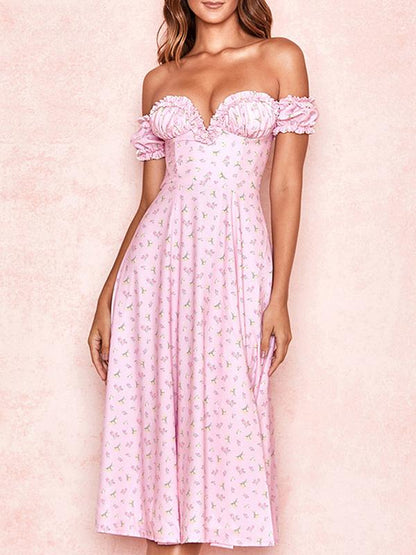 Card Shoulder Printed High Split Midi Dress - Midi Dresses - INS | Online Fashion Free Shipping Clothing, Dresses, Tops, Shoes - 04/13/2021 - Colour_Pink - DRE210412757