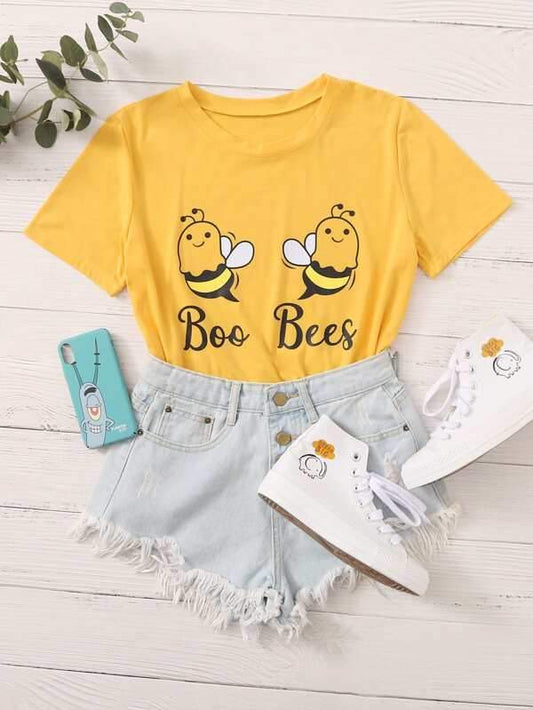 Cartoon Bee & Letter Graphic Tee - INS | Online Fashion Free Shipping Clothing, Dresses, Tops, Shoes